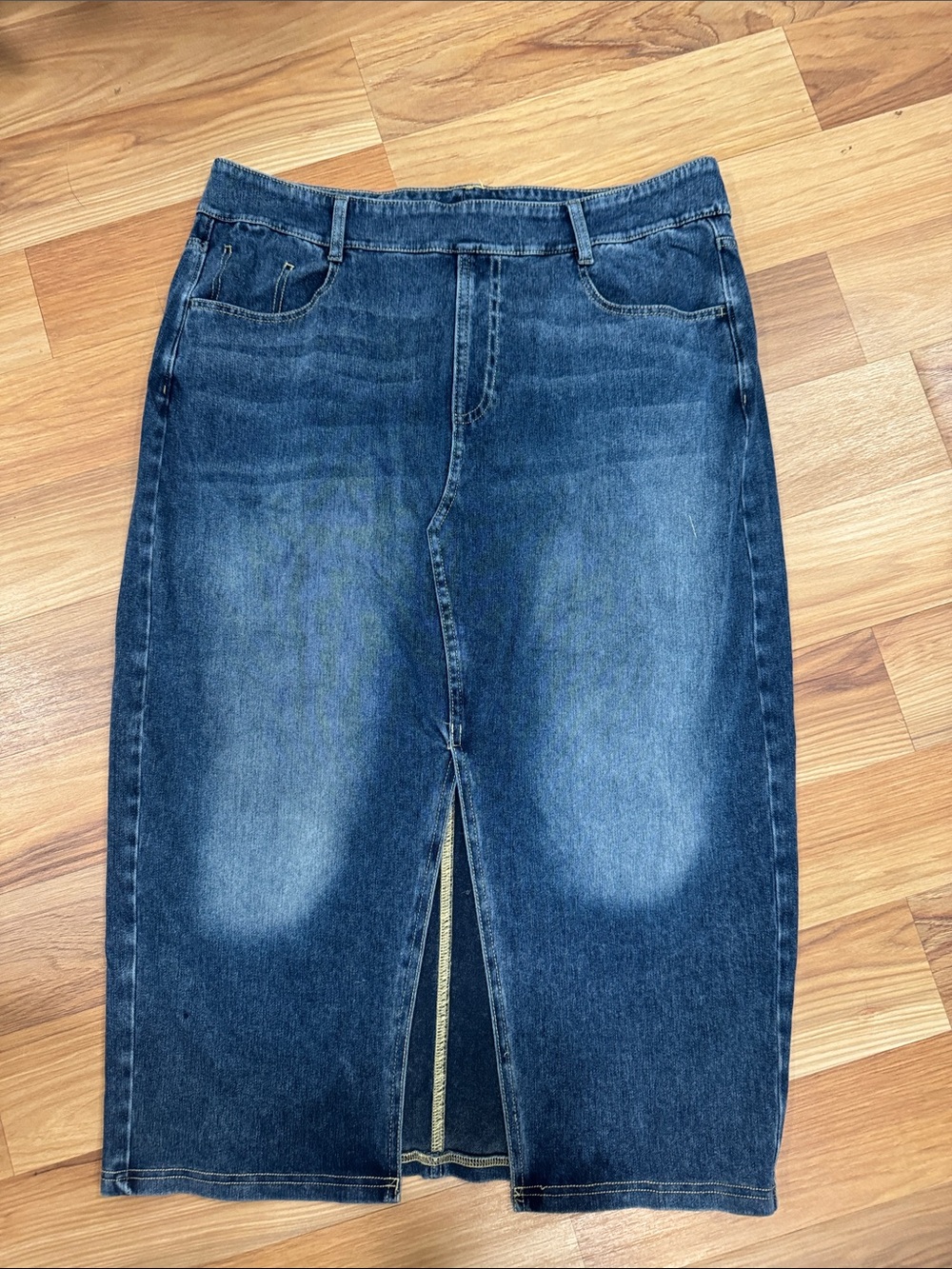 HALARA Blue Washed Denim Midi Lightweight Skirt with Back Pockets